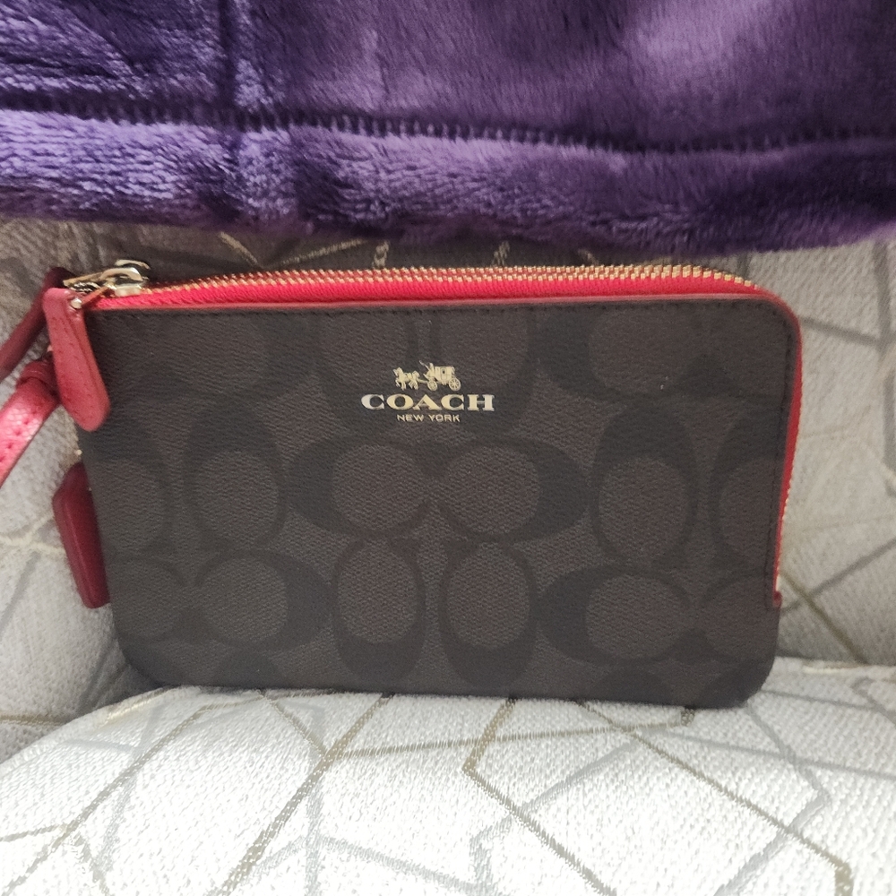 Coach Double Corner Zip Wristlet Coated Brown Canvas/ Gold Hardware